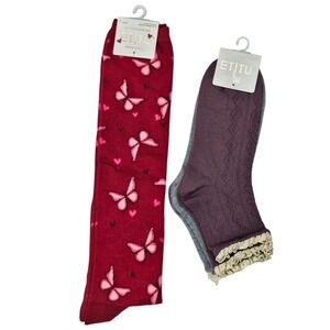Et tu Womens A Pair Red Butterfly Hearts Plus 2 Lace Socks Purple Grey Size 9-11